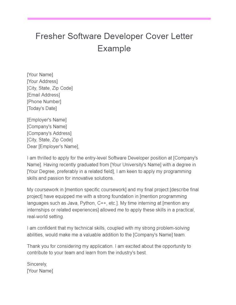 fresher software developer cover letter example