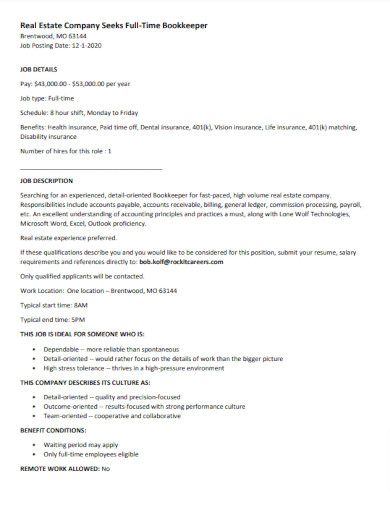 Full Time Bookkeeper Resume Example