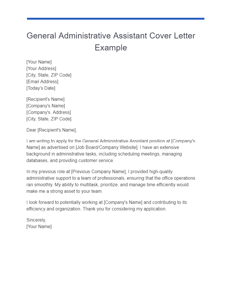 general administrative assistant cover letter example