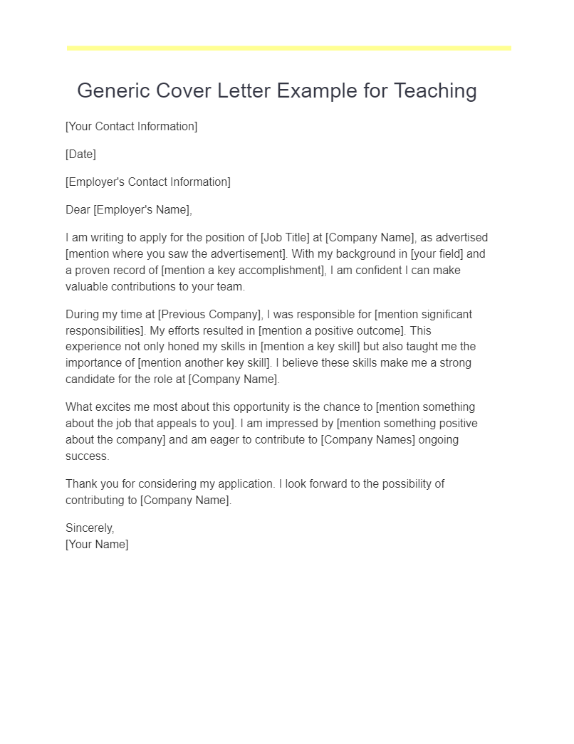 generic cover letter example for teaching