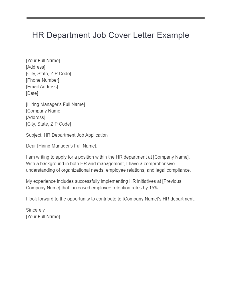 hr department job cover letter example