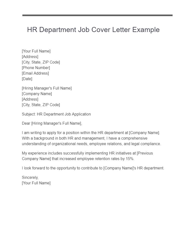 HR Department Job Cover Letter Example