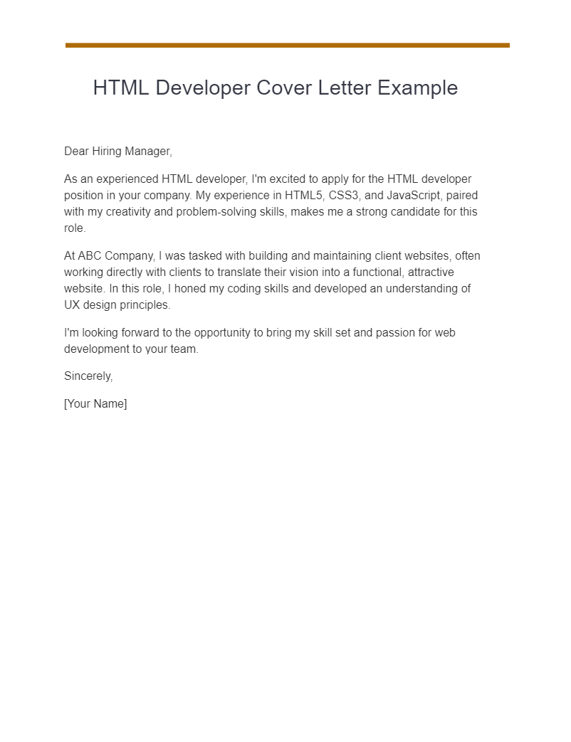html developer cover letter example
