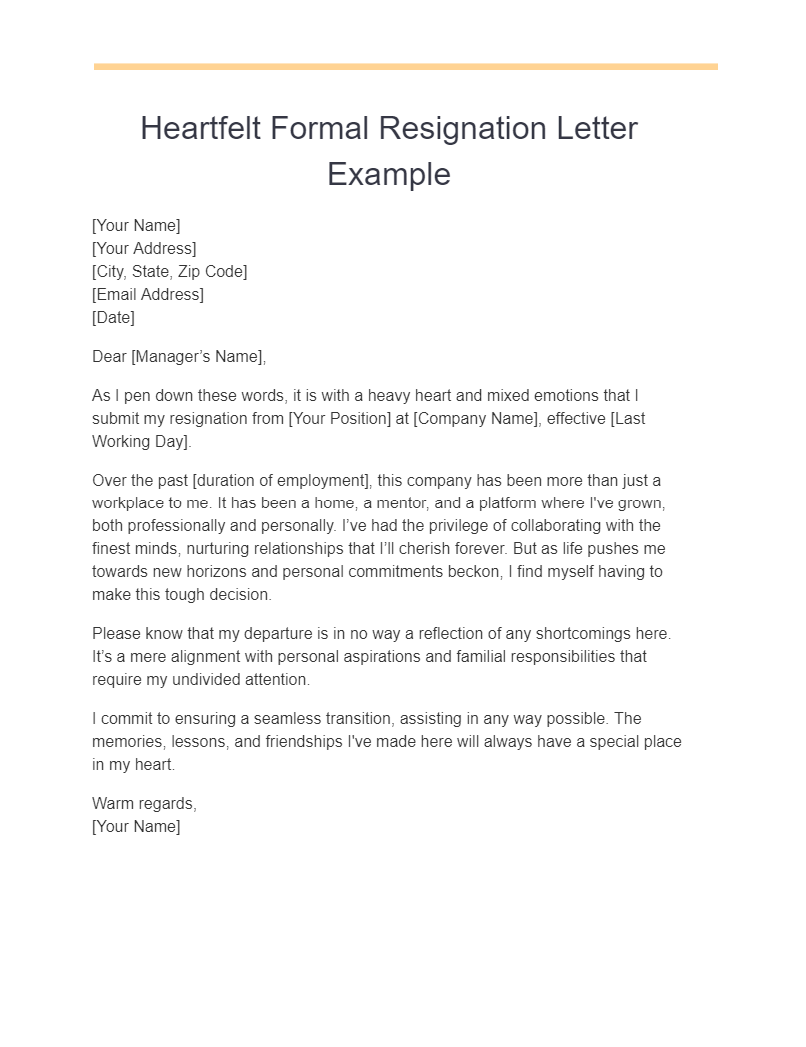 heartfelt formal resignation letter example