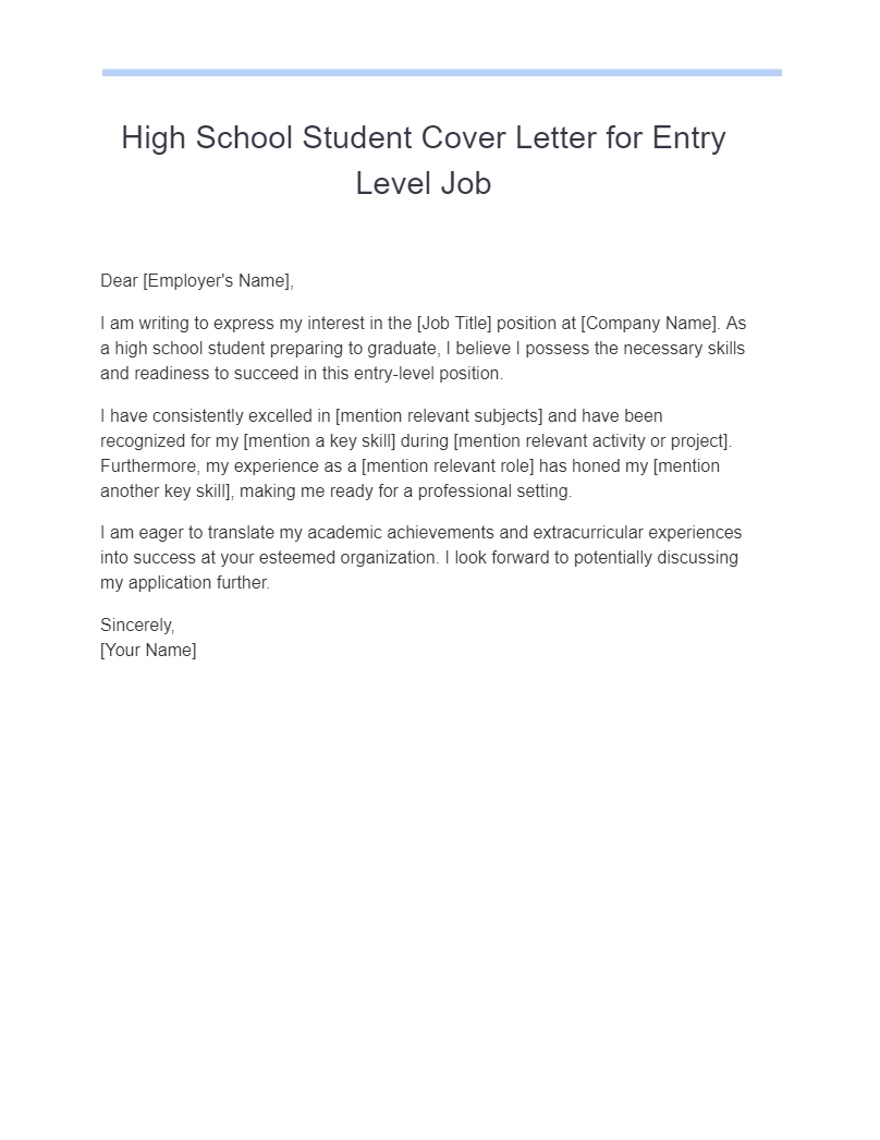 High School Student Cover Letter for Entry Level Job