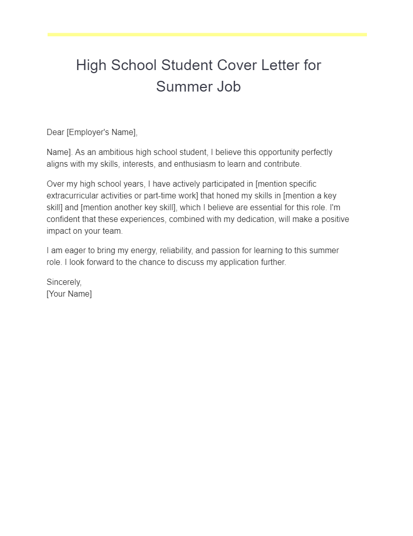 High School Student Cover Letter for Summer Job