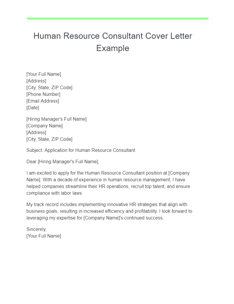 human resource consultant cover letter example