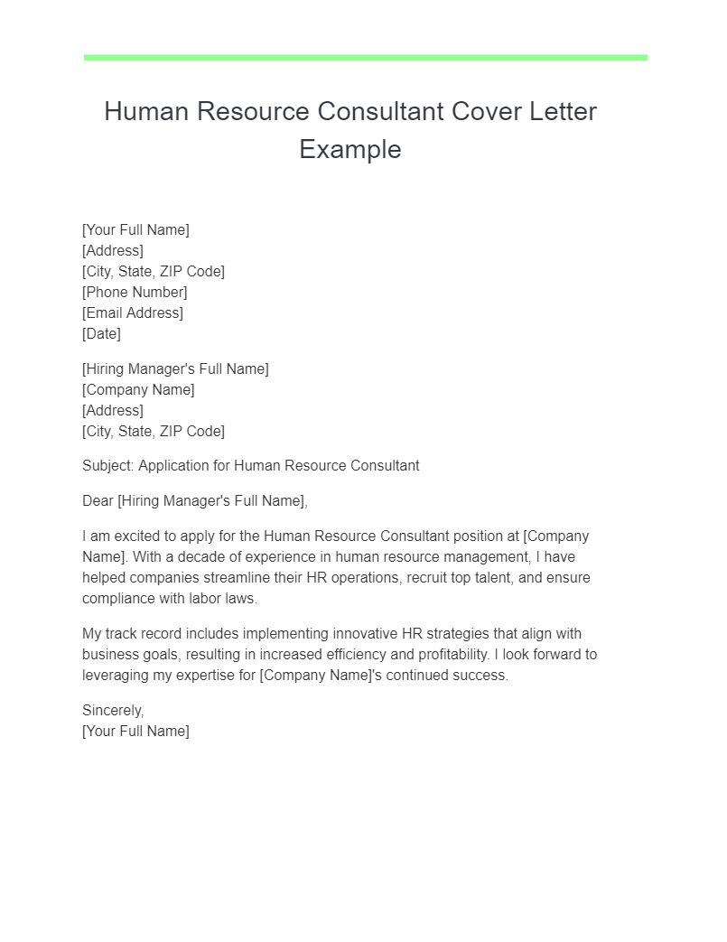 Human Resource Consultant Cover Letter Example