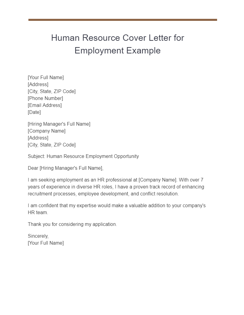 human resource cover letter for employment example