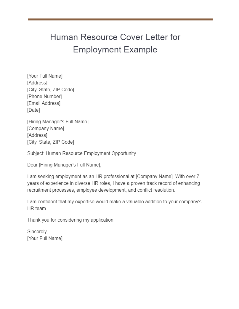 Human Resource Cover Letter for Employment Example