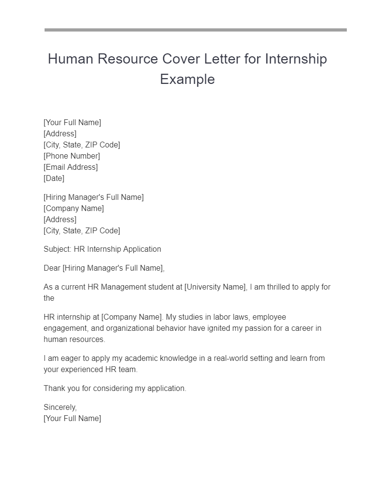 human resource cover letter for internship example