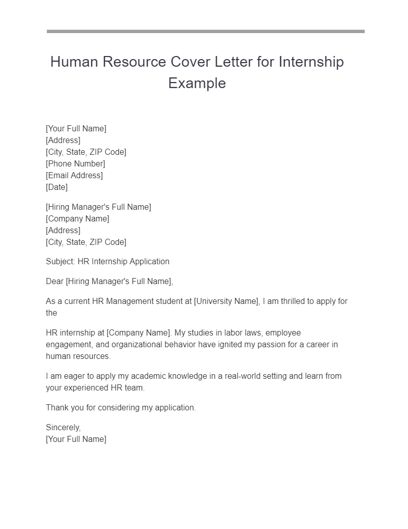 Human Resource Cover Letter for Internship Example