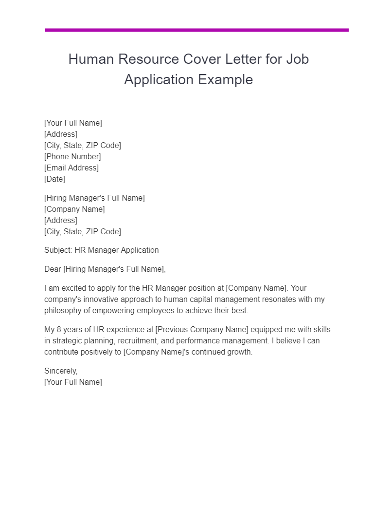 Human Resource Cover Letter for Job Application Example