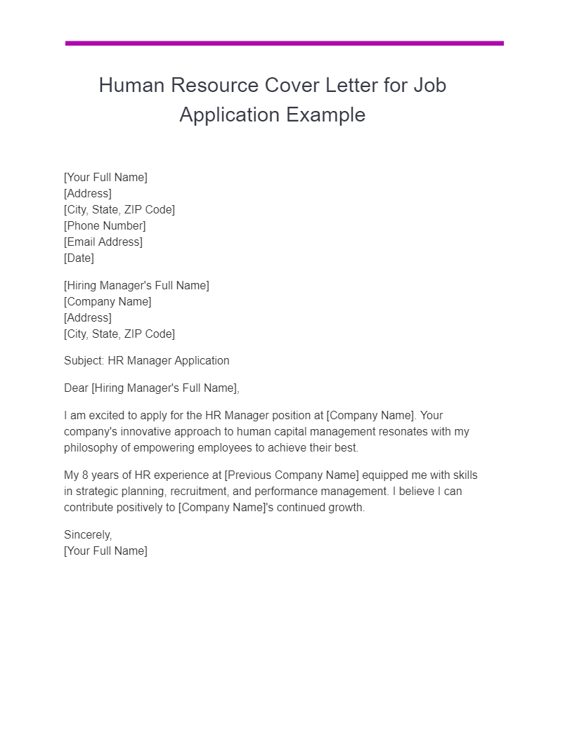 application letter for the post of human resource manager