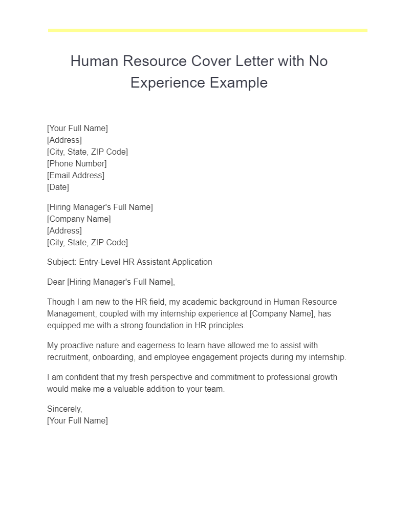 Human Resource Cover Letter with No Experience Example