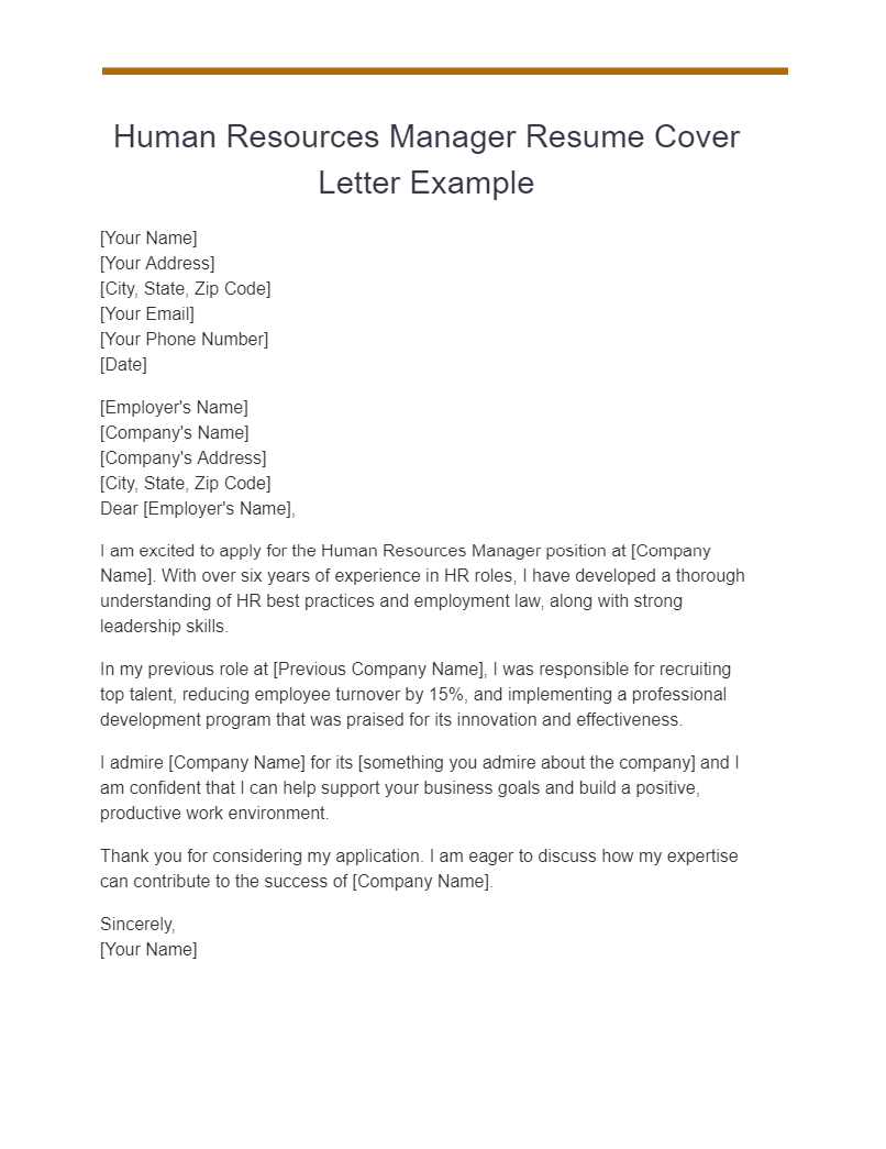 human resources manager resume cover letter example