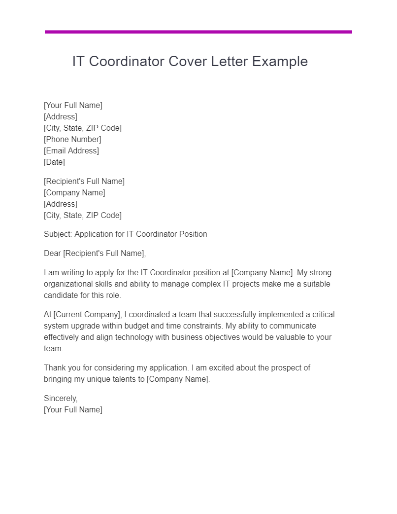 it coordinator cover letter example