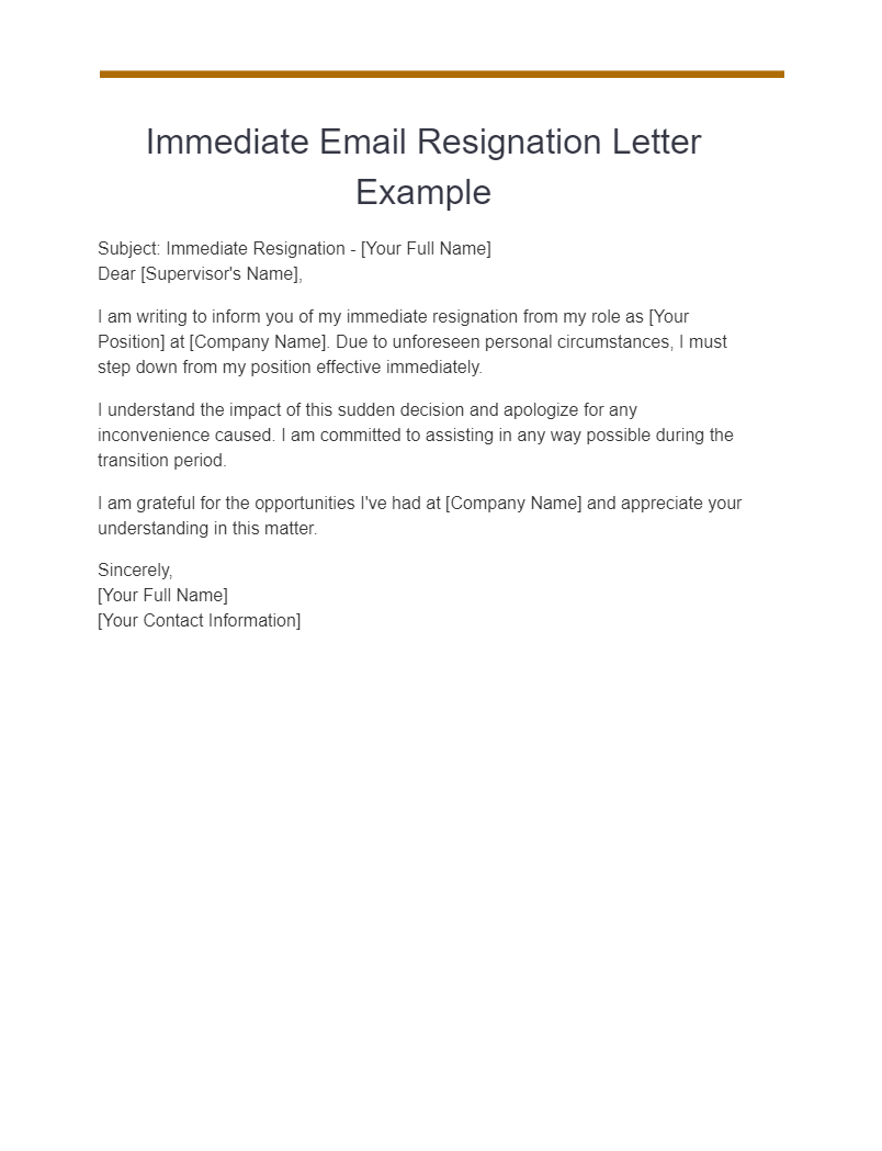immediate email resignation letter examples