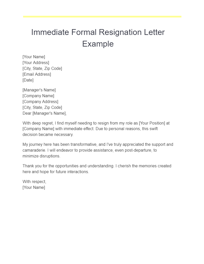 immediate formal resignation letter example