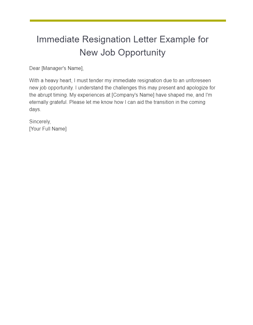 immediate resignation letter example for new job opportunity