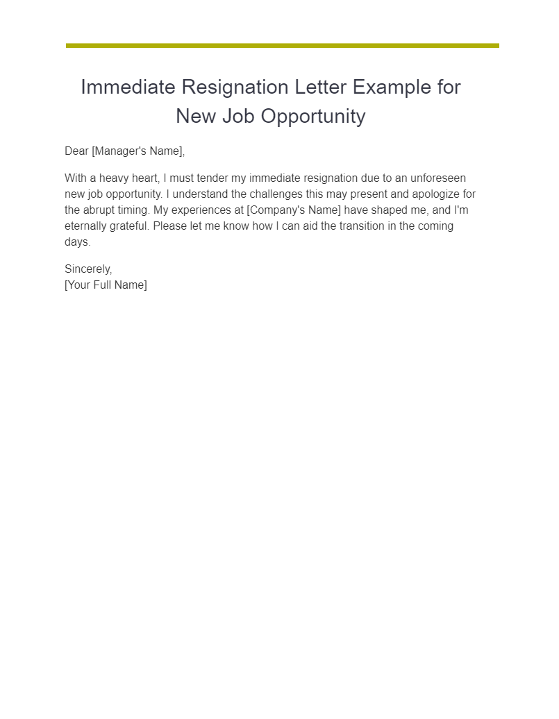 Immediate Resignation Letter Example for New Job Opportunity