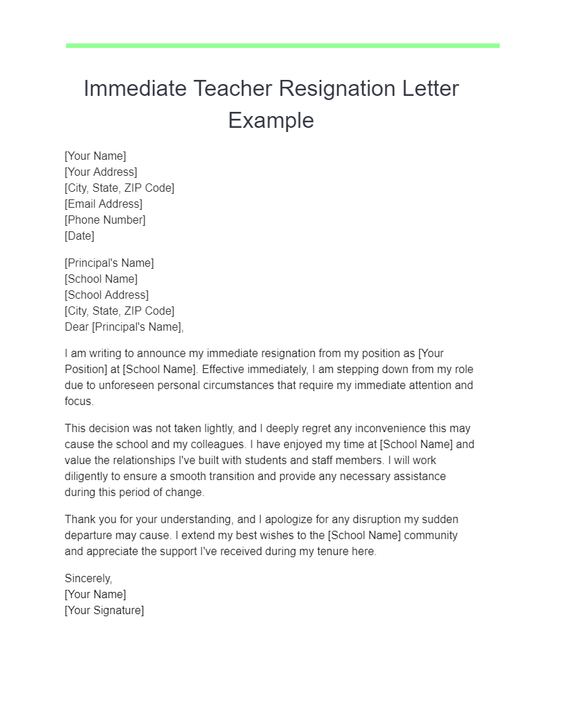 immediate teacher resignation letter examples