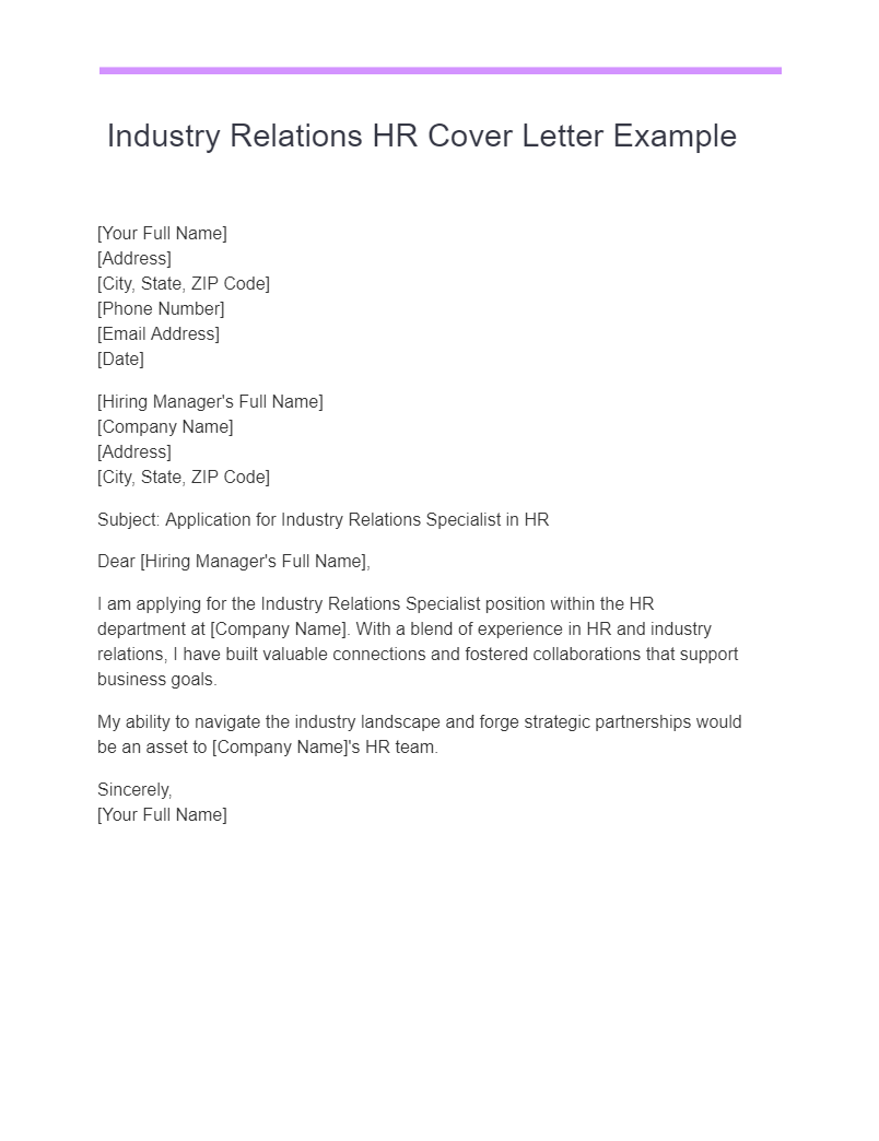 industry relations hr cover letter example