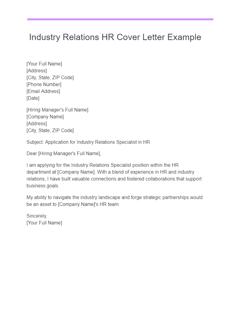 Industry Relations HR Cover Letter Example