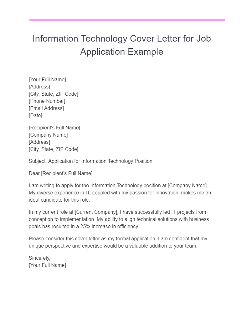 information technology cover letter for job application example