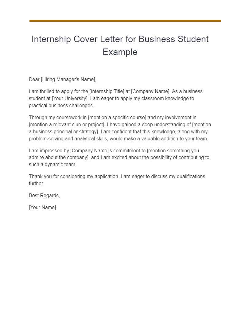 internship cover letter for business student example