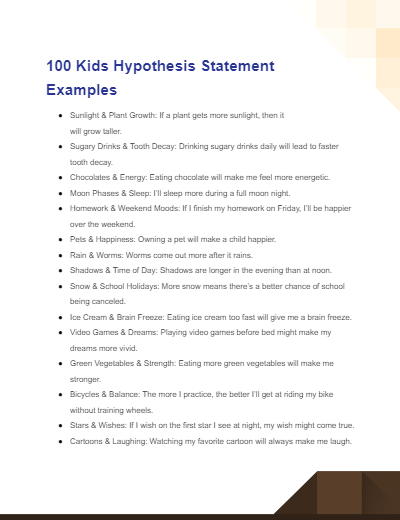 kids hypothesis statement examples