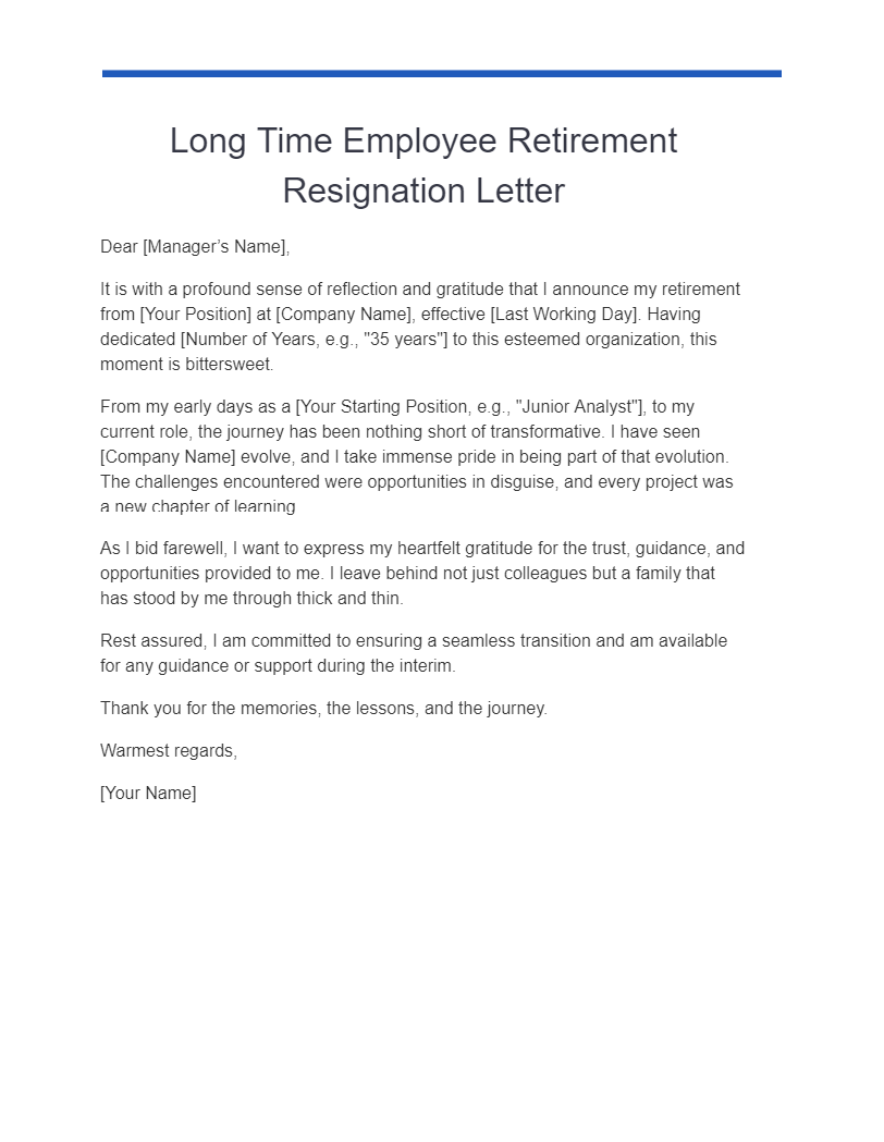 long time employee retirement resignation letter