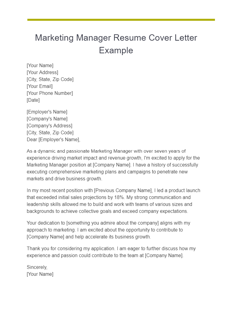 marketing manager resume cover letter example