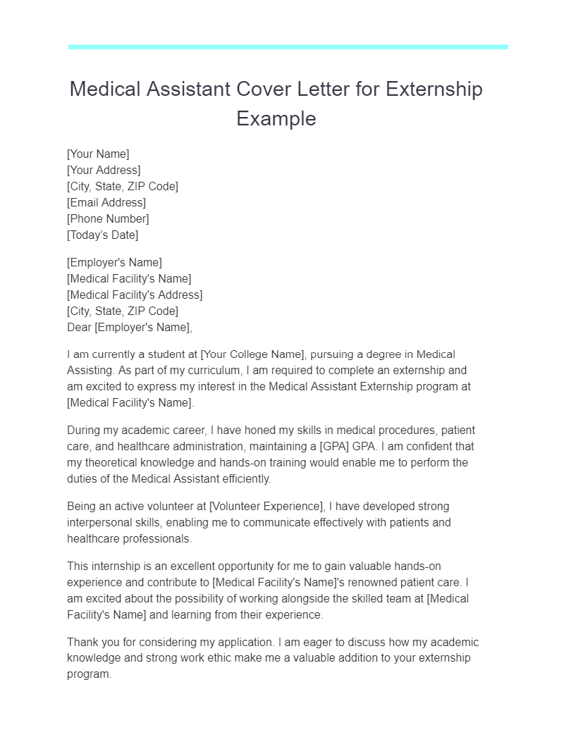 medical assistant cover letter for externship example