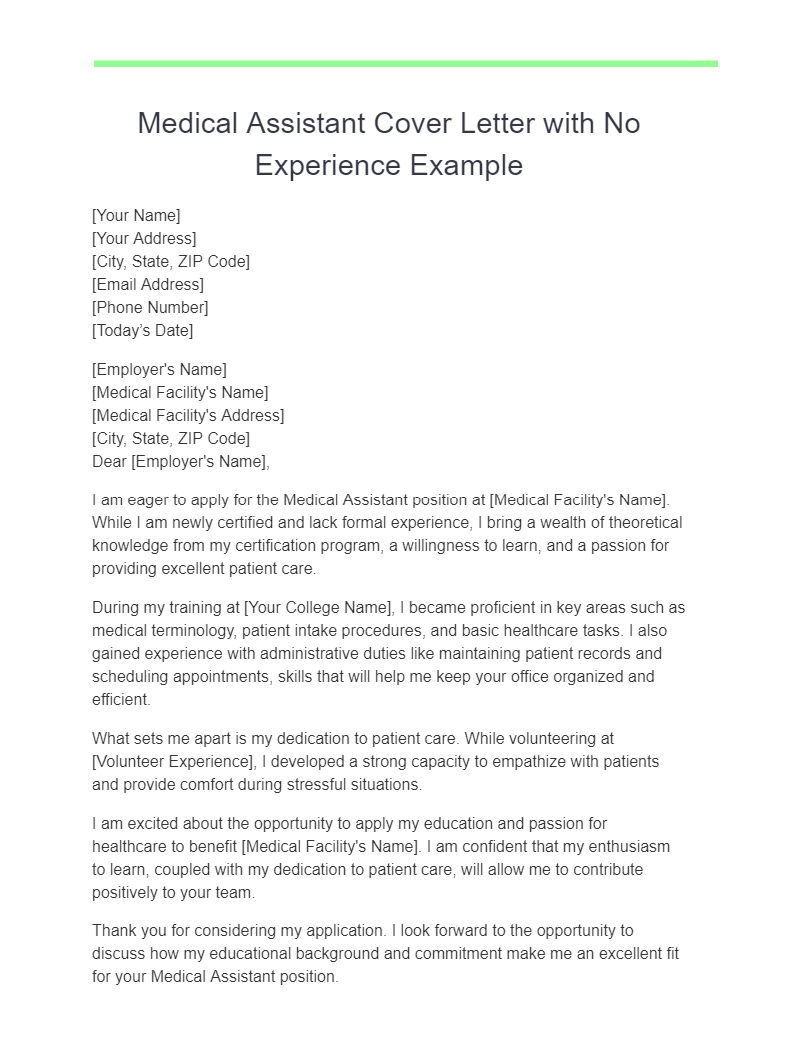 medical assistant cover letter with no experience example