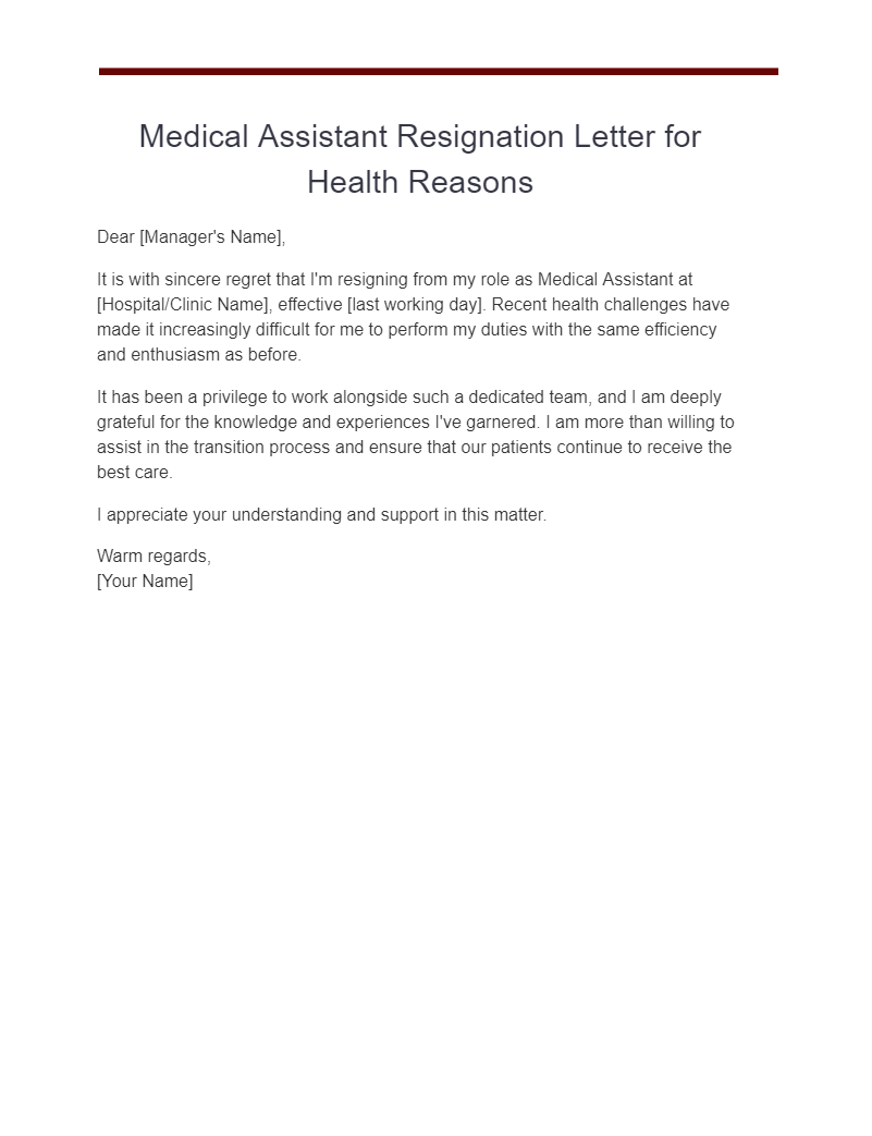 medical assistant resignation letter for health reasons