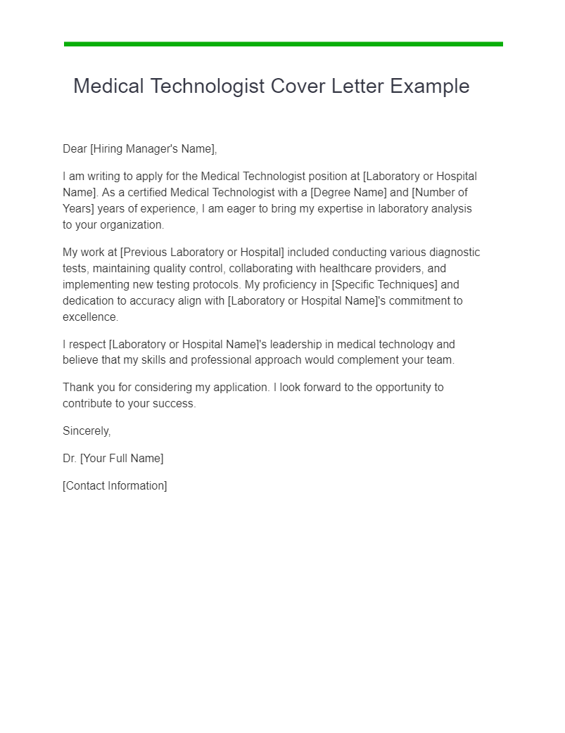medical technologist cover letter example