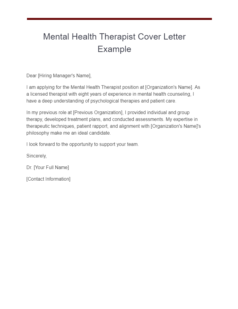 mental health therapist cover letter example