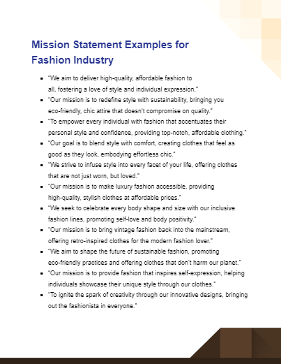 mission statement examples for fashion industry