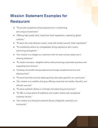 Mission Statement Examples For Restaurant