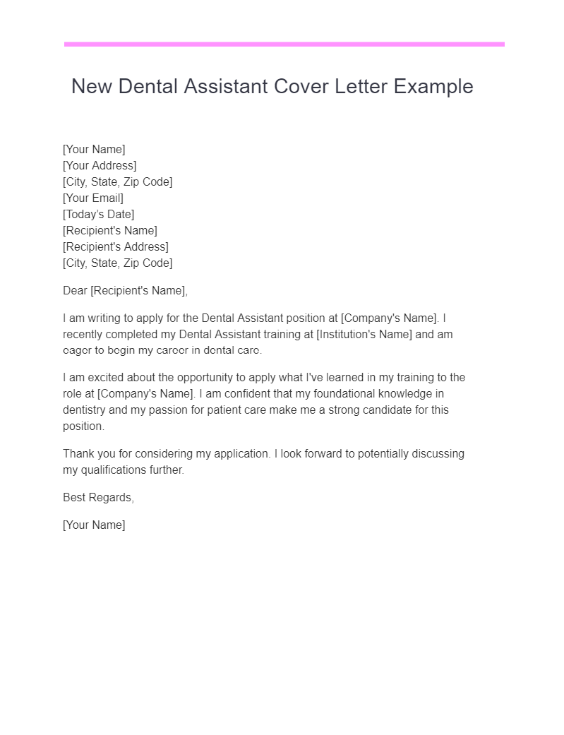 New Dental Assistant Cover Letter Example