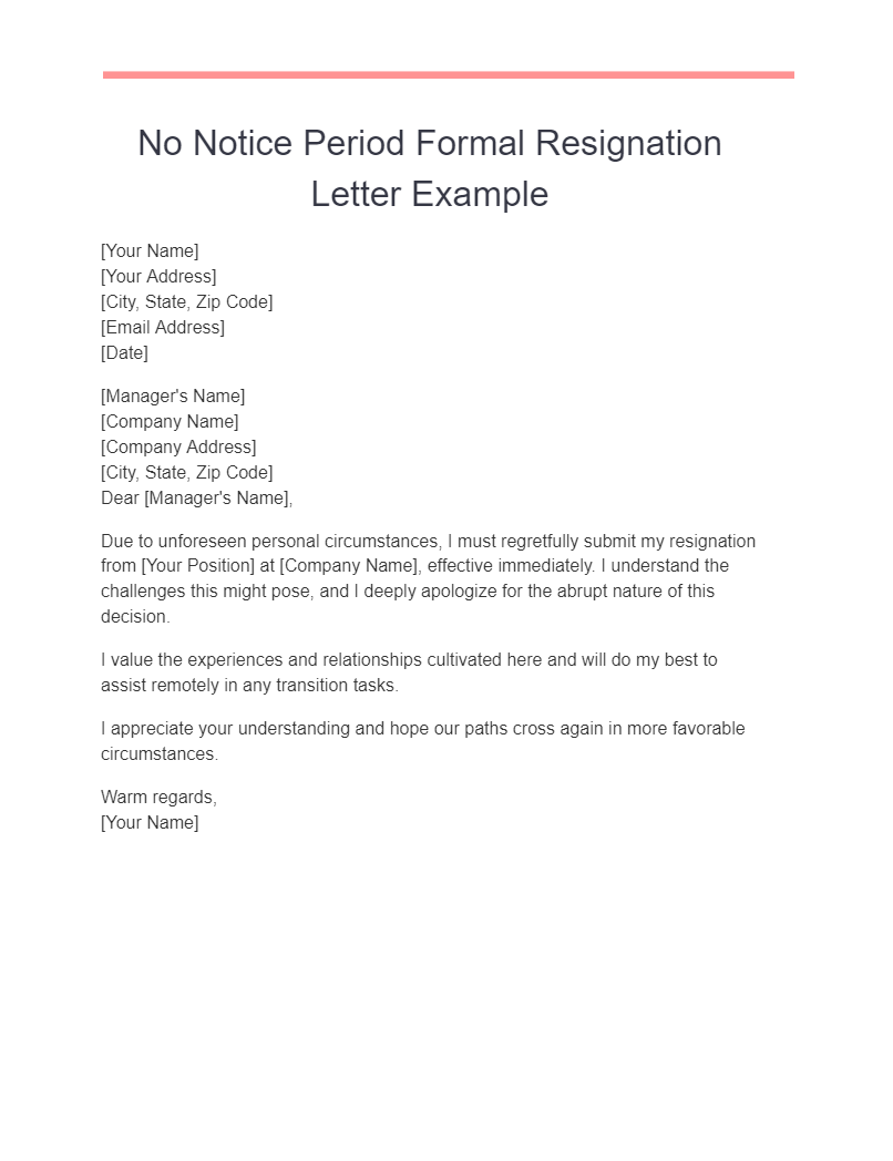 no notice period formal resignation letter example