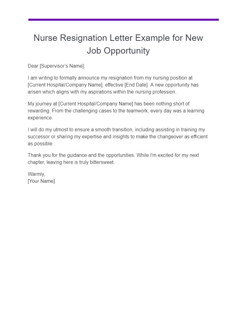 nurse resignation letter example for new job opportunity