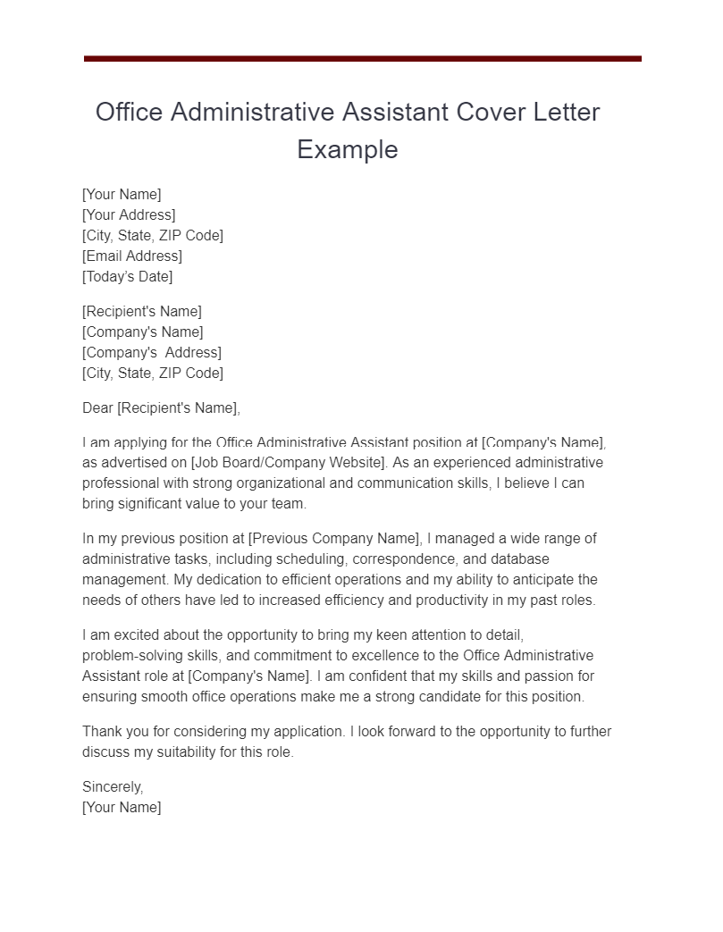 office administrative assistant cover letter example