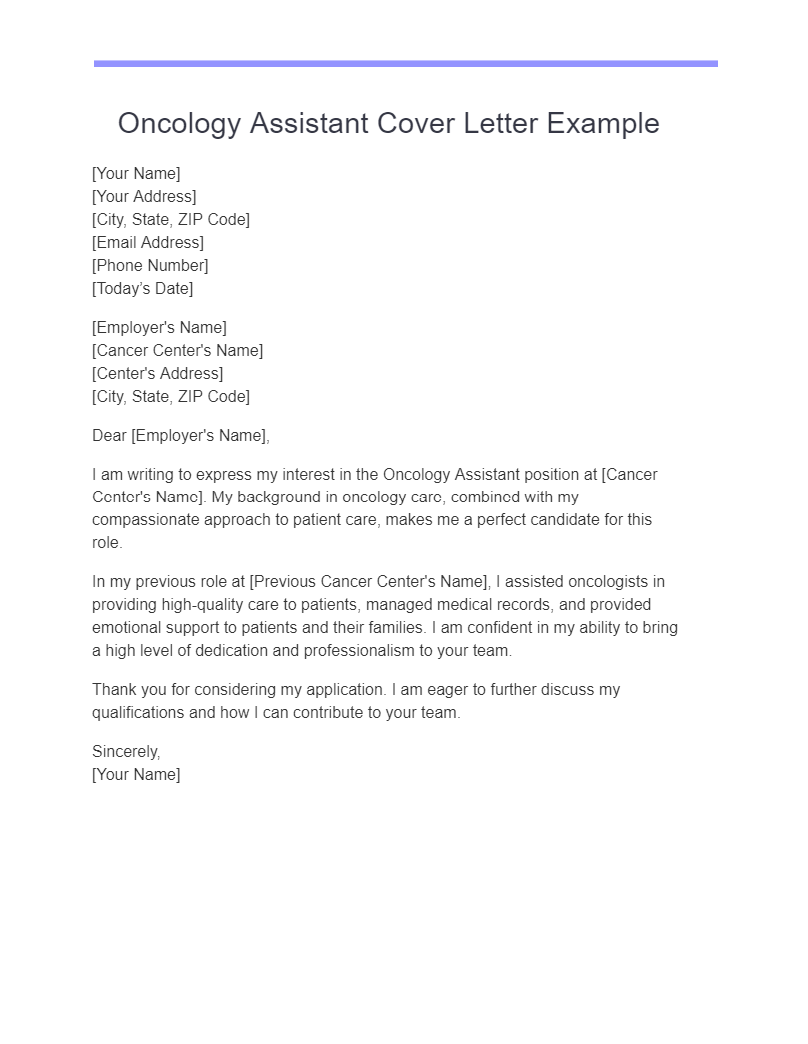 oncology assistant cover letter example