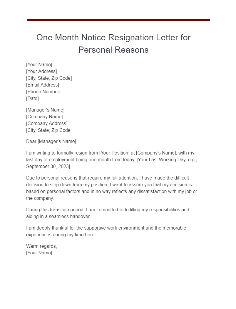 one month notice resignation letter for personal reasons