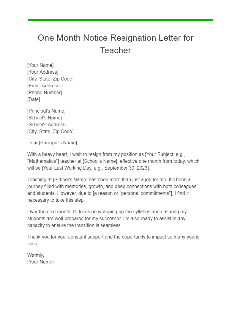 one month notice resignation letter for teacher