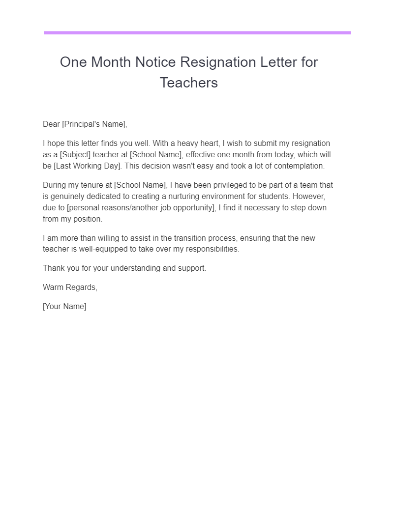 one month notice resignation letter for teachers