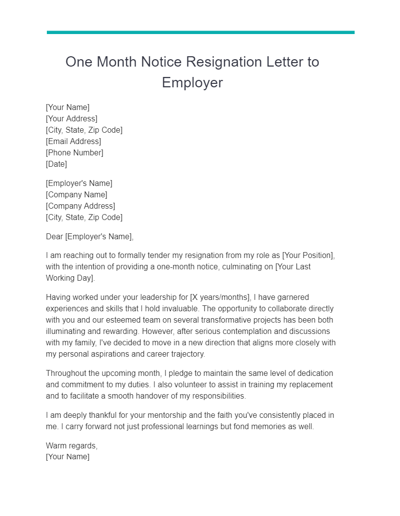 One Month Notice Resignation Letter to Employer
