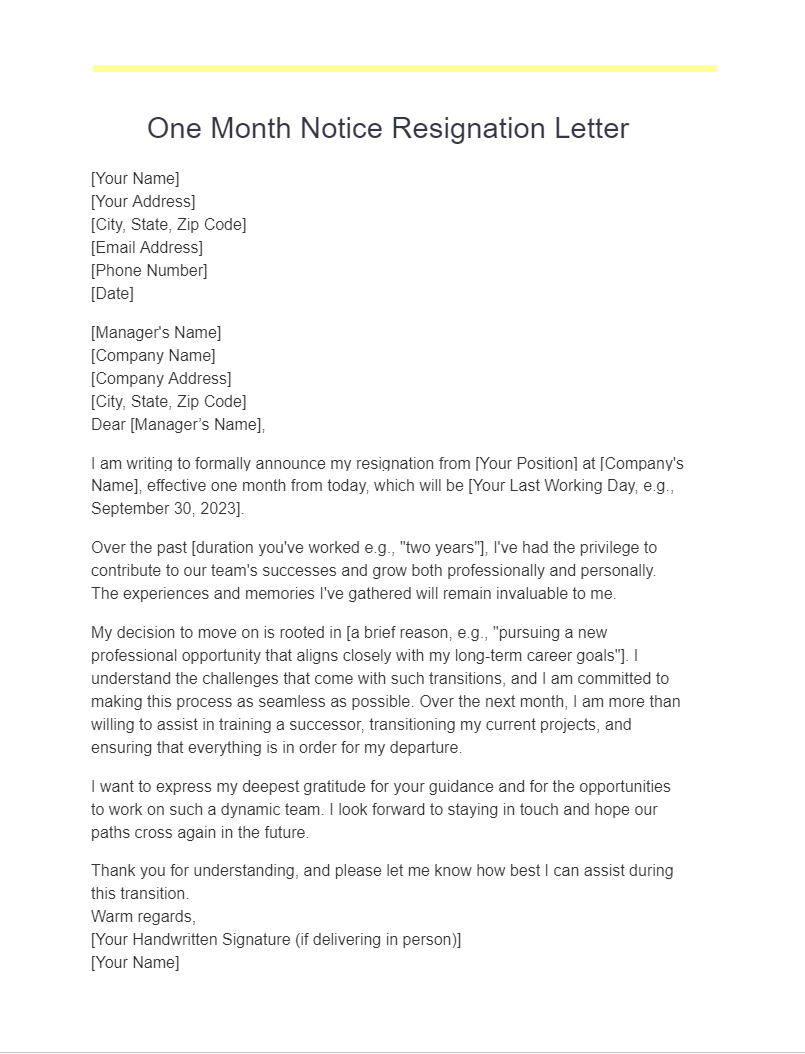 one month notice resignation letter